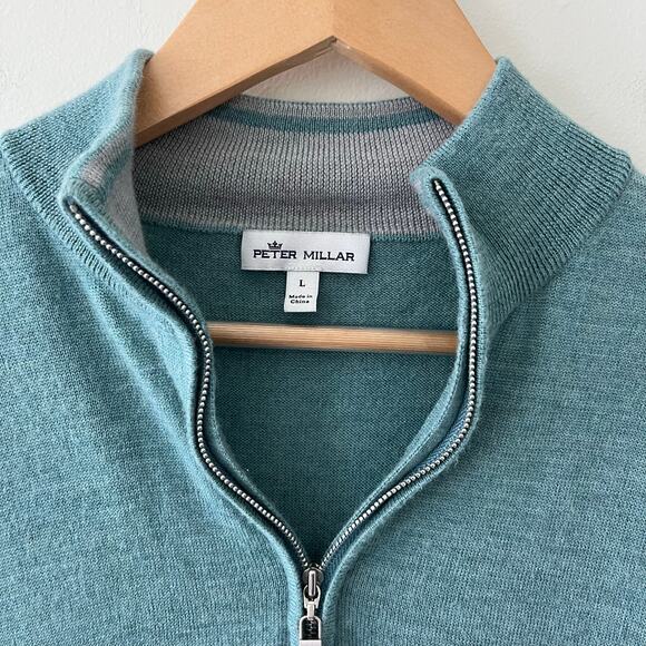 Peter Millar Crown Soft Teal Blue 1/4 Zip Silk Merino Wool Blend Sweater Size XL - Picture 5 of 12